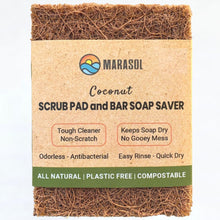 Load image into Gallery viewer, biodegradable, cast iron cleaner, coco, coconut  husk scrub pad, coconut fiber scourer, coconut scrub pad, zero waste, compostable sponge, dish scrubber, fregar, gifts, porta jabón, safix, scourer, scrub pad, scrubber, soap holder, soap lift, soap saver, eco friendly, sustainable, vegetable scrubber, zero waste swap, walnut shell, plastic-free
